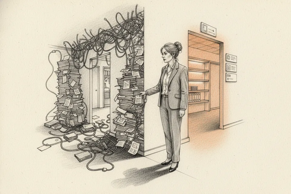 A business owner standing at a fork in a corridor: one path cluttered with stacked papers and tangled wires, the other clean and organized with warm light