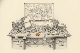 A CEO's desk seen from above, overwhelmed with sticky notes, open laptop, phone, coffee cups, and stacked folders
