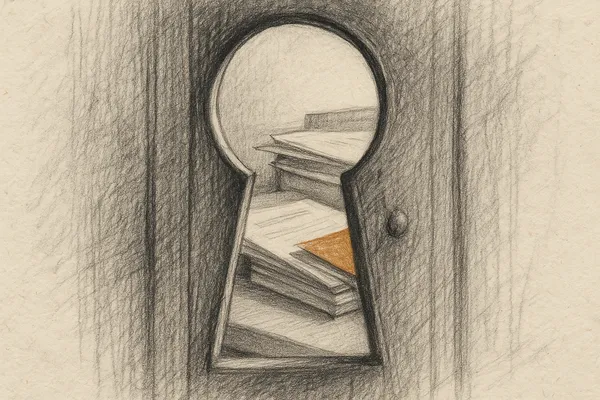 A closeup view through a keyhole in a heavy wooden door
