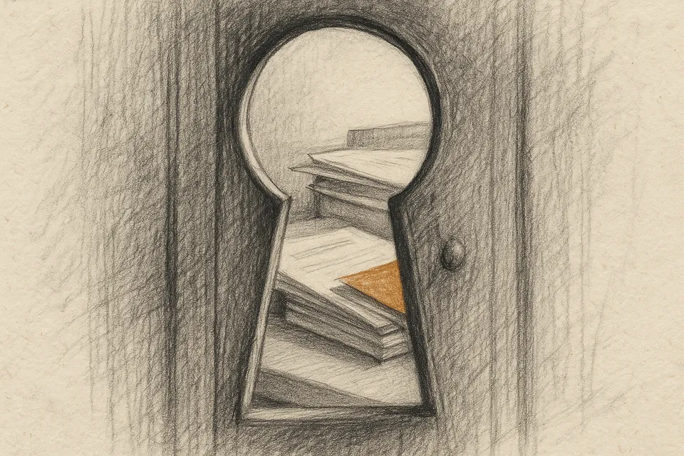 A closeup view through a keyhole in a heavy wooden door