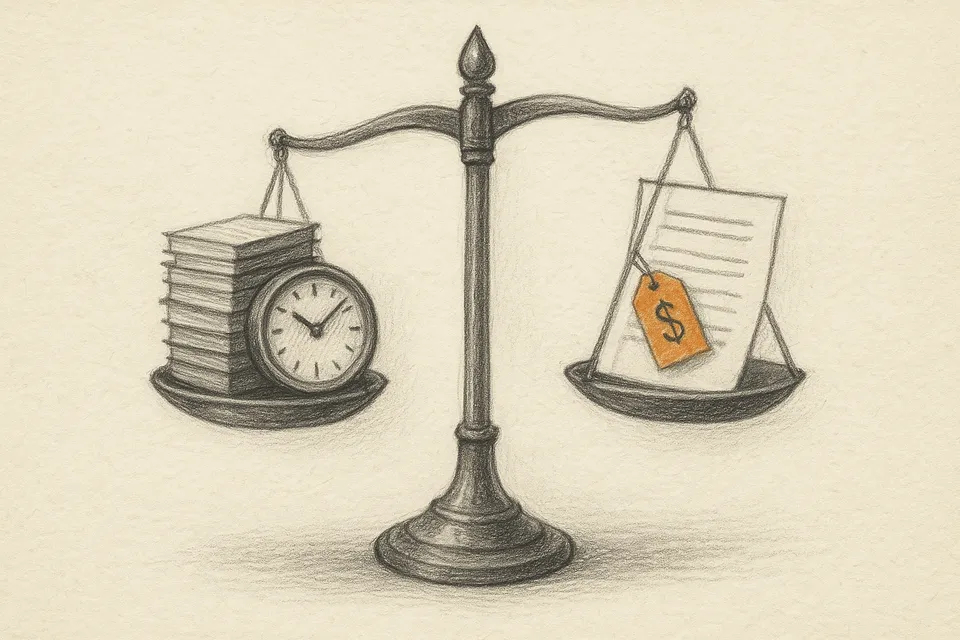 A courtroom balance scale with timesheets on one tray