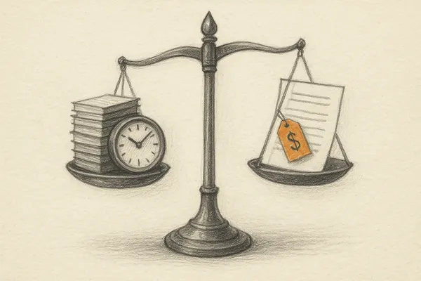 A courtroom balance scale with timesheets on one tray