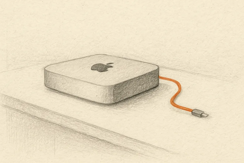 A Mac Mini computer sitting alone on a clean minimal desk