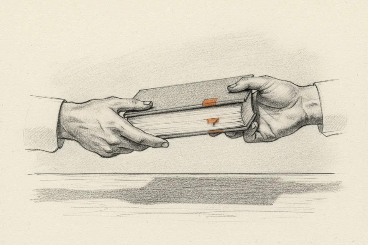 Practitioner handing a bound playbook to someone across a desk