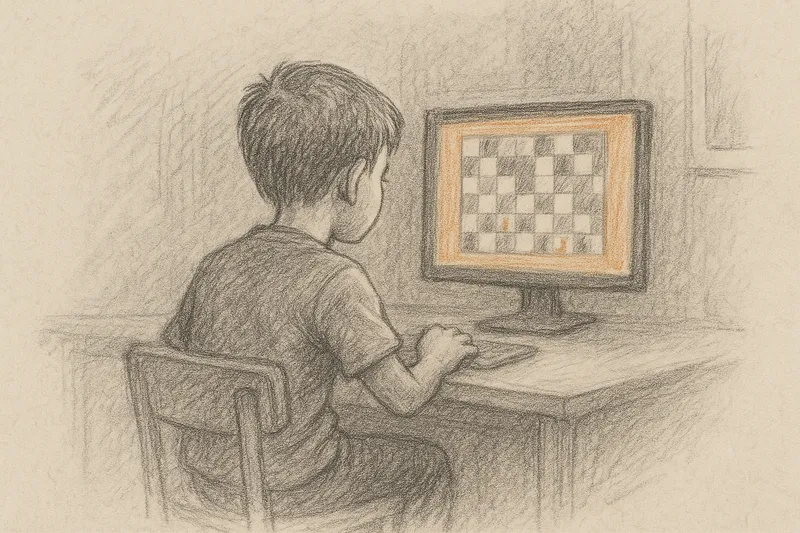 A ten-year-old boy seen from behind, sitting at a desk in front of a computer