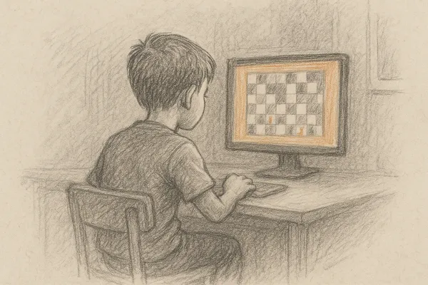 A ten-year-old boy seen from behind, sitting at a desk in front of a computer
