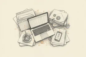 Business owner's desk seen from above late at night, laptop open to a spreadsheet, cold coffee, stacked paperwork, phone showing missed calls