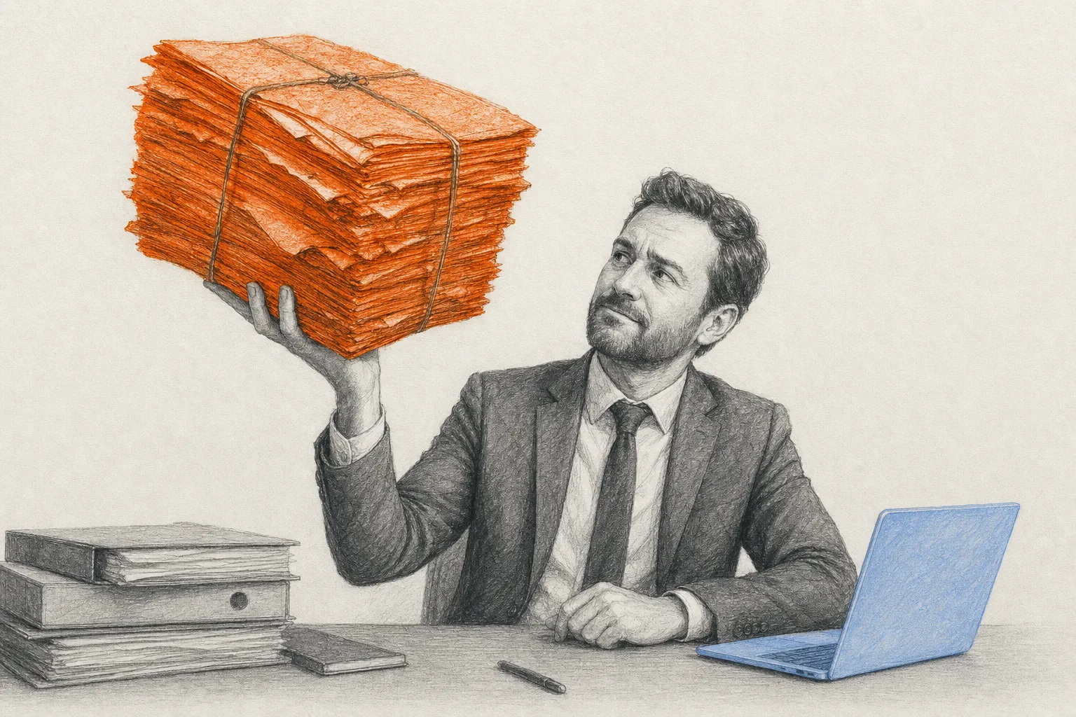 A graphite illustration of an executive at a desk weighing an oversized old "build" invoice