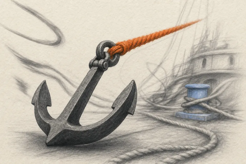 A single heavy iron ship's anchor holding firm and in sharp focus while drifting ropes and shapes blur with motion around it