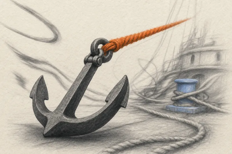 A single heavy iron ship's anchor holding firm and in sharp focus while drifting ropes and shapes blur with motion around it