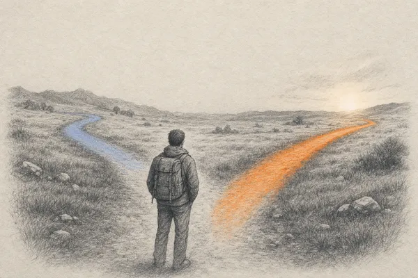 A graphite illustration of a fork in a road, two paths diverging, one chosen and one not