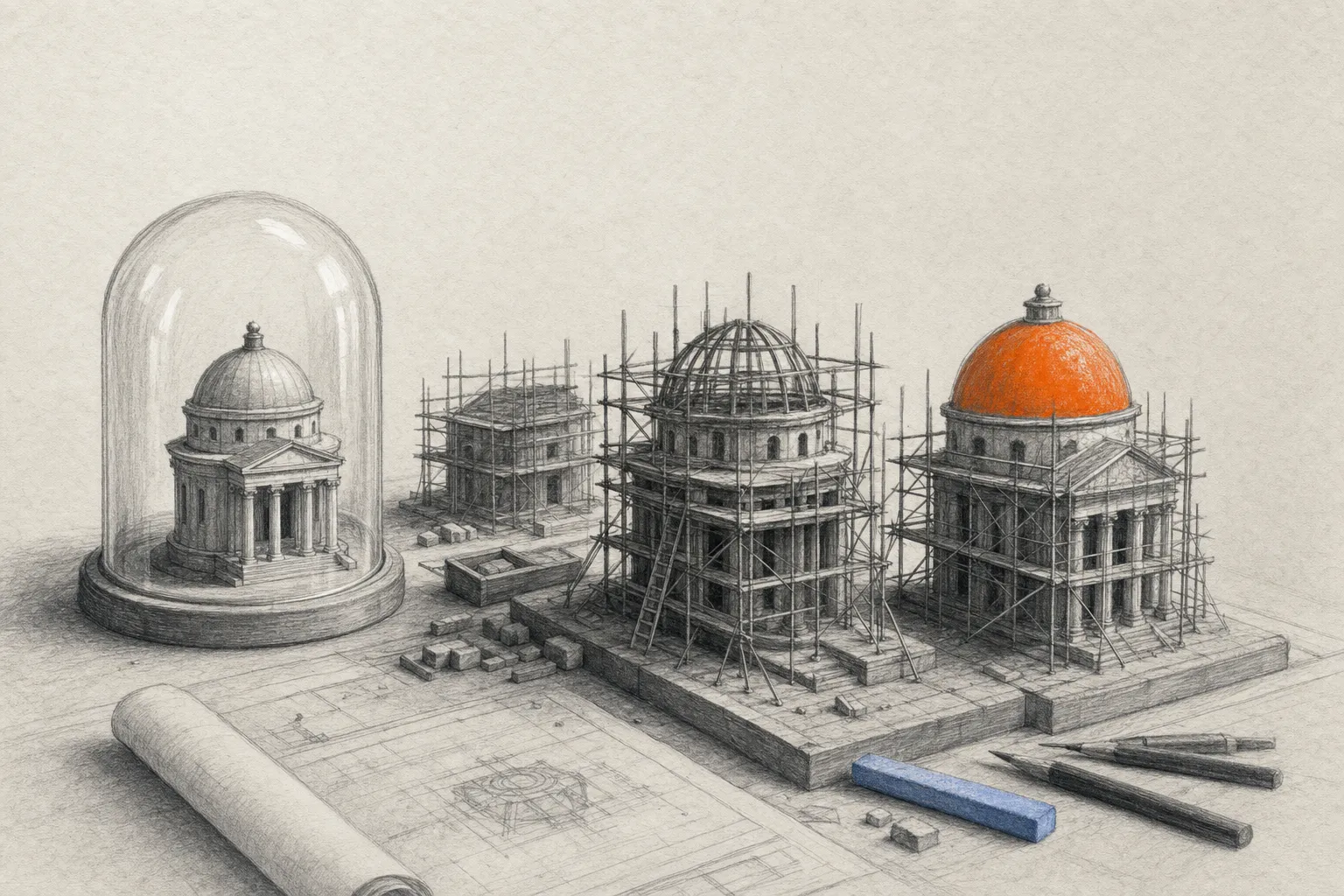 Several small structures mid-construction wrapped in scaffolding, while one finished structure beside them sits protected under a clear glass dome