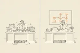 Two office scenes side by side: a stressed founder at a messy desk on the left, and the same office organized with a clean workflow diagram and a relaxed founder on the right