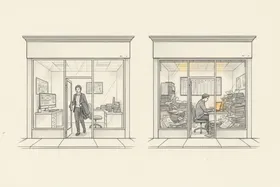Two office storefronts side by side: one with clean systems and the owner leaving at 6pm, the other buried in paper with lights on late at night